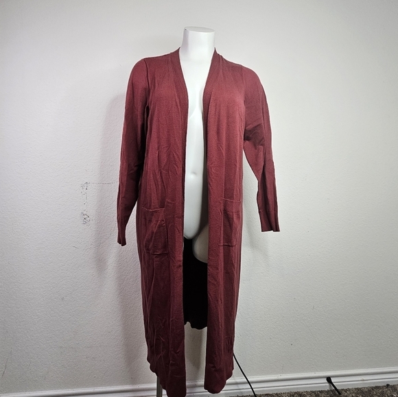 Cardigan Sweater Duster Longline Pockets Cozy Maroon - Picture 1 of 9